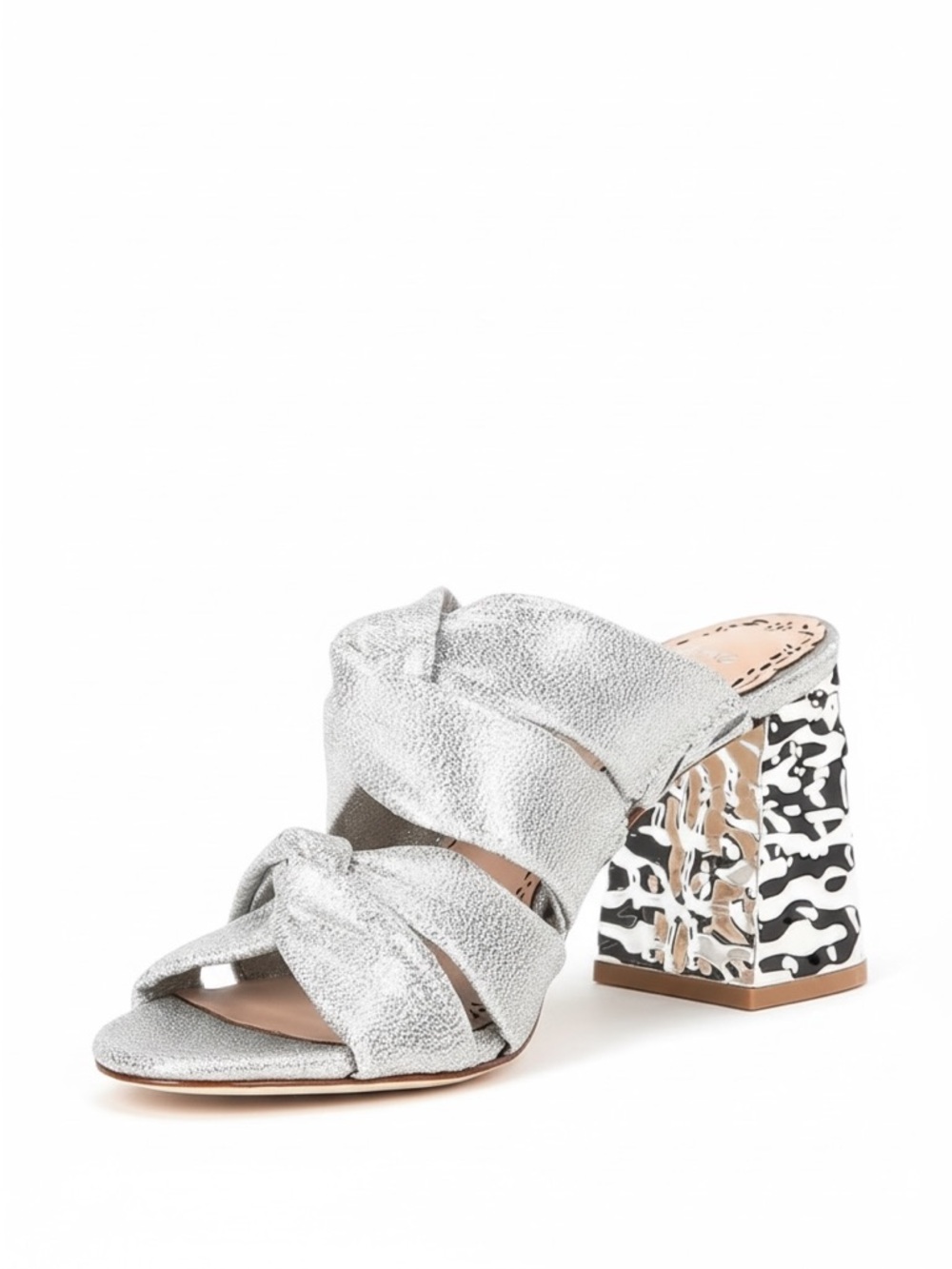 Muse by Marchesa Iris Crisscross knot slip-on block heel hammered chrome sandal